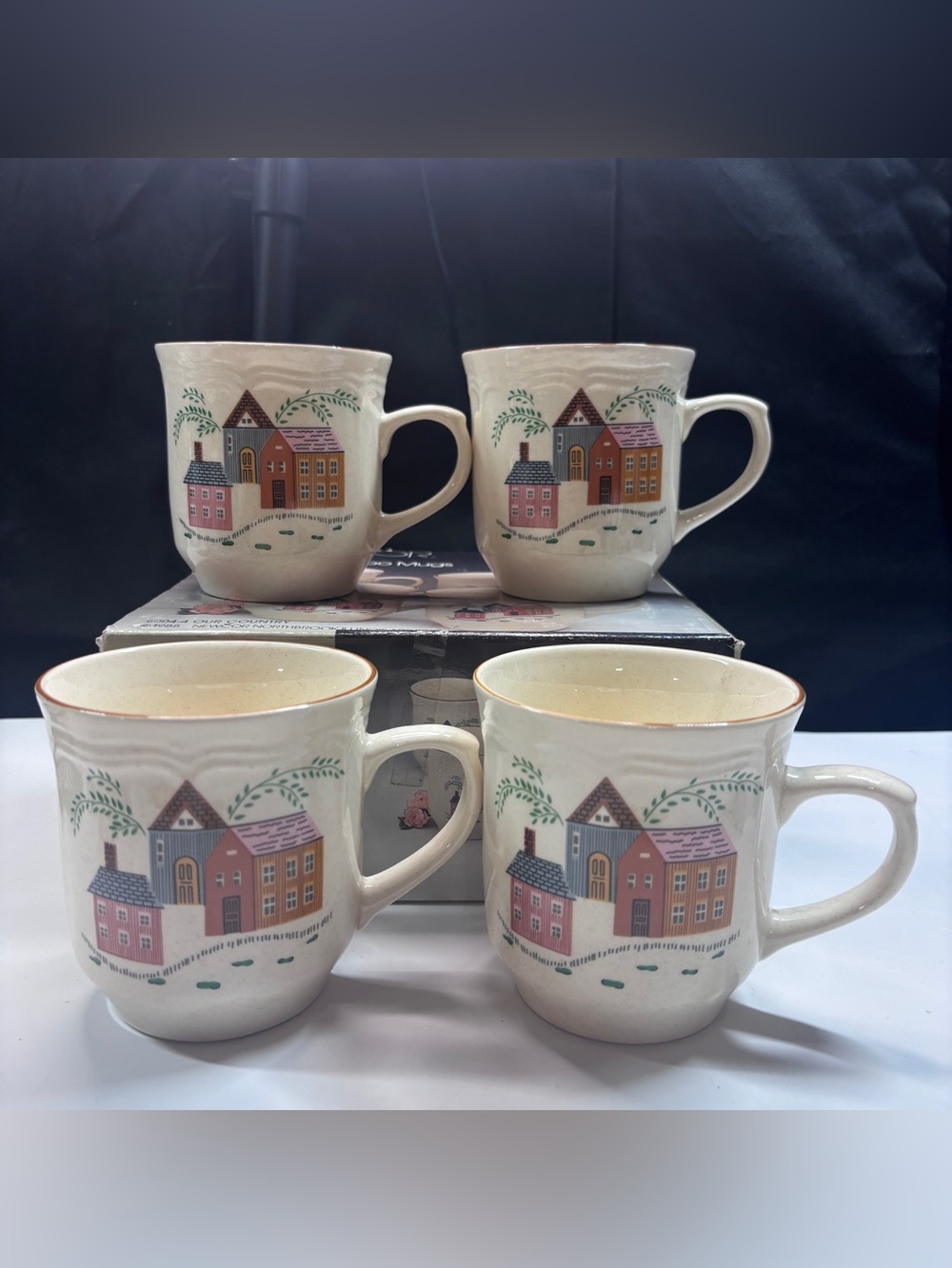 Vtg Newcor Our Country Village Stoneware Cups/Mugs Cottage Core New W/box 88’